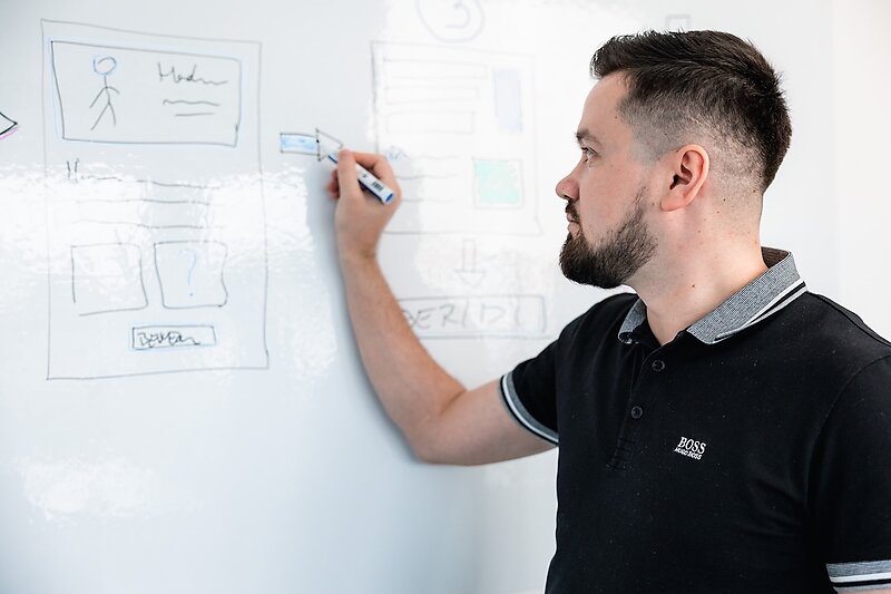 Ioan Drozd skizziert den Aufbau einer neuen Homepage Schritt für Schritt auf dem Whiteboard